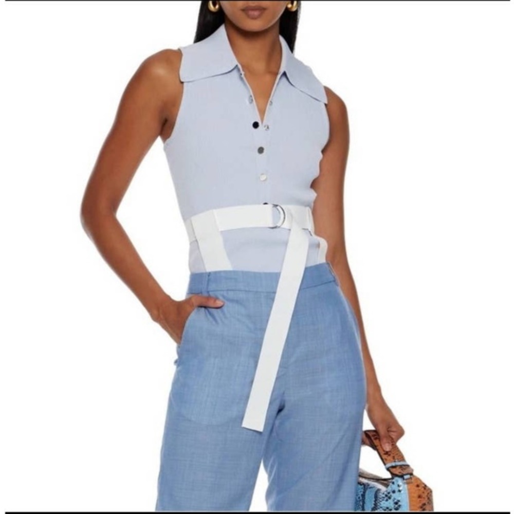 Tibi Ribbed Knit Button Front Collared Polo Bodysuit In Light Blue XS
